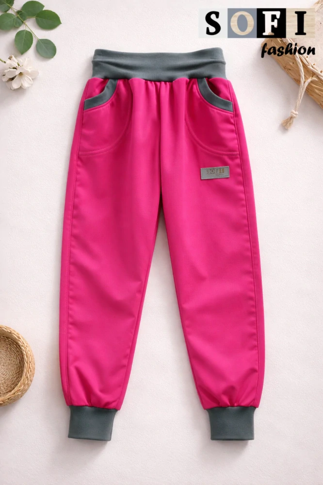 Letní dětské softshellové kalhoty - růžové, doplněné šedým nápletem