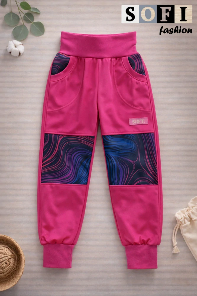 Letní dětské softshellové kalhoty - růžové/abstrakttem