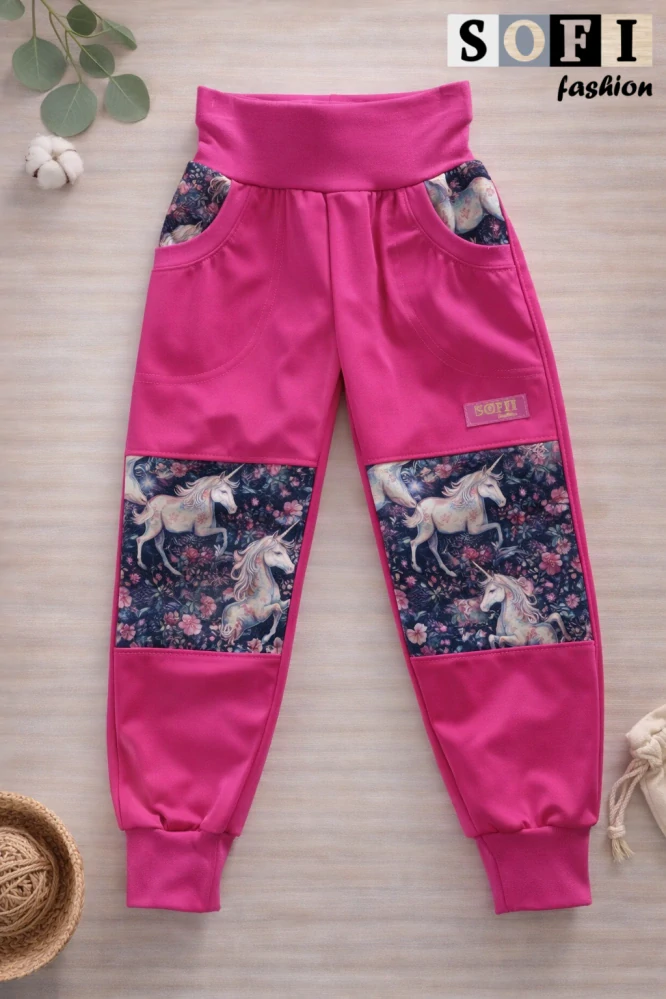 Letní softshellové kalhoty - růžové s jednorožci 