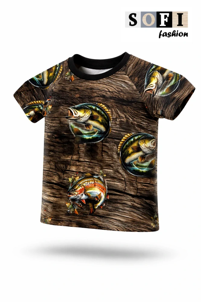 Tričko s krátkým rukávem - ryby/ černý rukáv