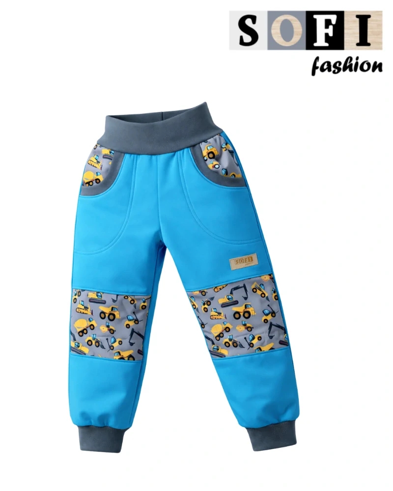 Zimni soft.kalhoty - modré s bagry na kolenou