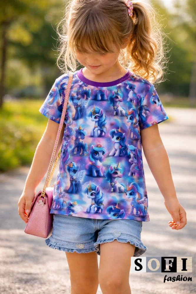 Tričko s kr. rukávem - jednorožci na fialové 