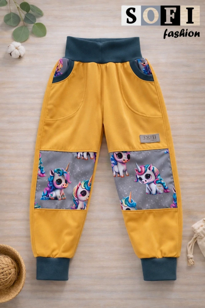 Letní softshellové kalhoty - hořčicová/jednorožci na šedé