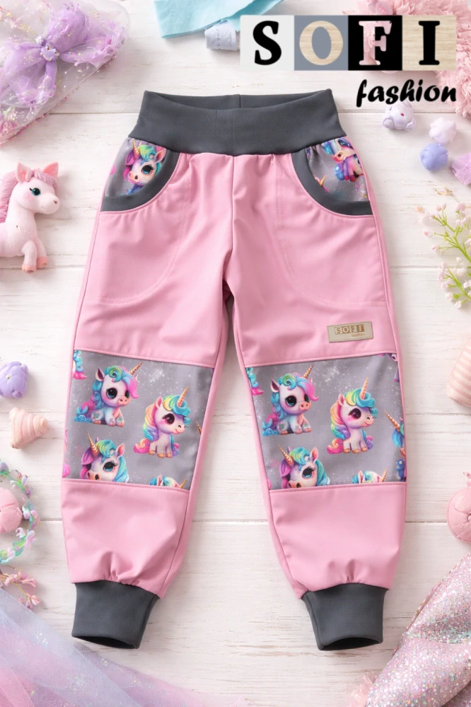 Letní dětské softshellové kalhoty - starorůžové/ jednorožci na šedé 