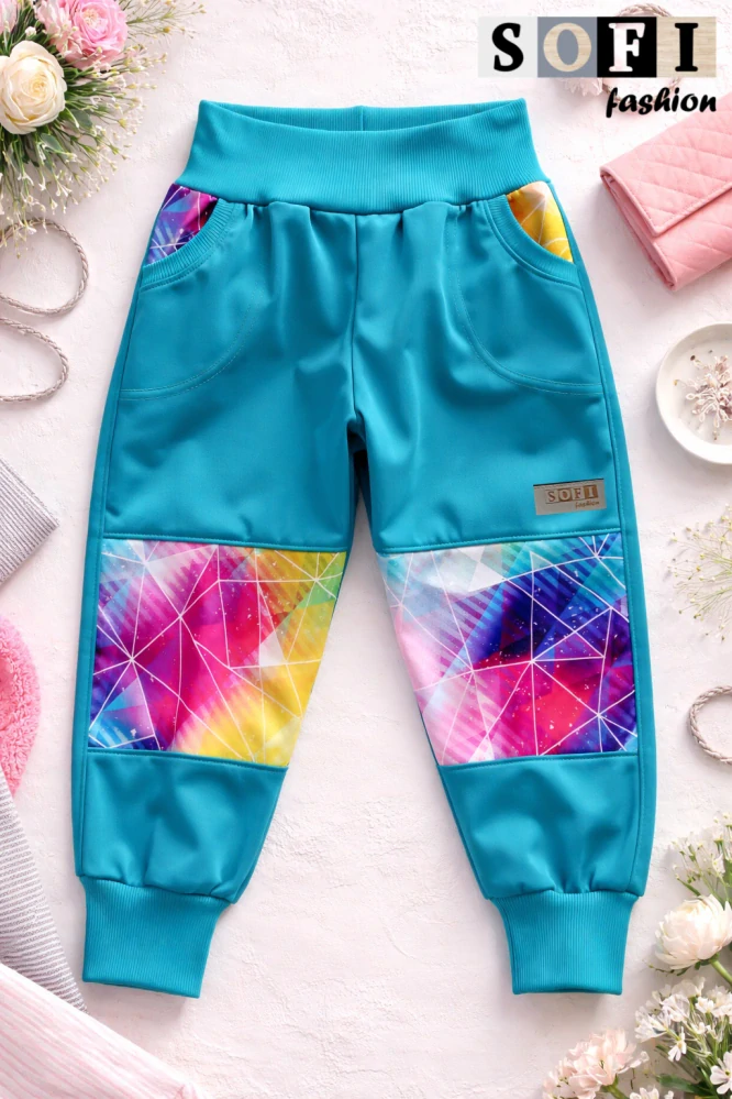 Letní dětské softshellové kalhoty - tyrkys/abstrakt