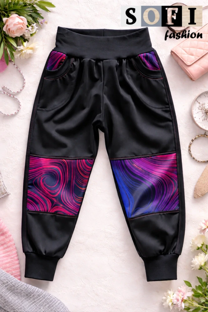 Letní dětské softshellové kalhoty - tyčerné/abstrakt duha