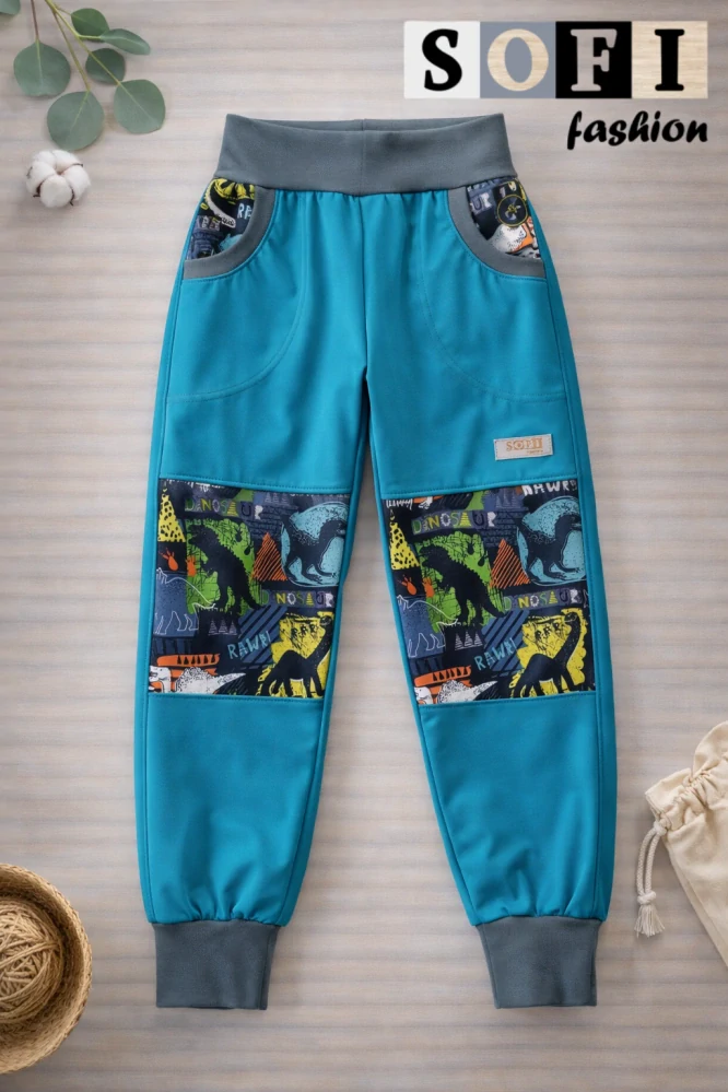 Letní dětské softshellové kalhoty - tyrkys/dino