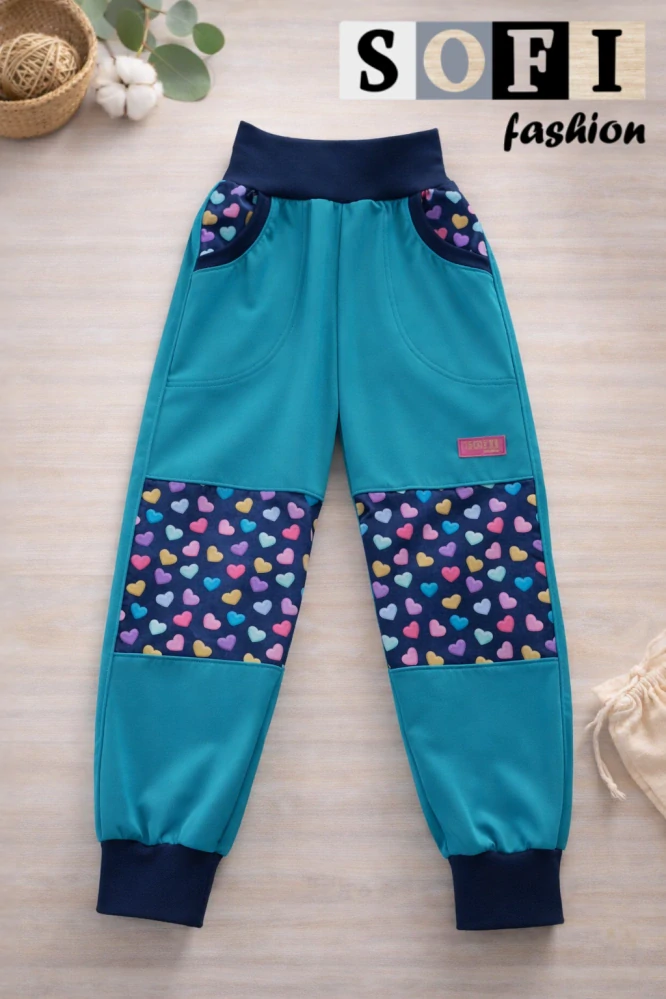 Letní dětské softshellové kalhoty - tyrkys/ duhová srdíčka