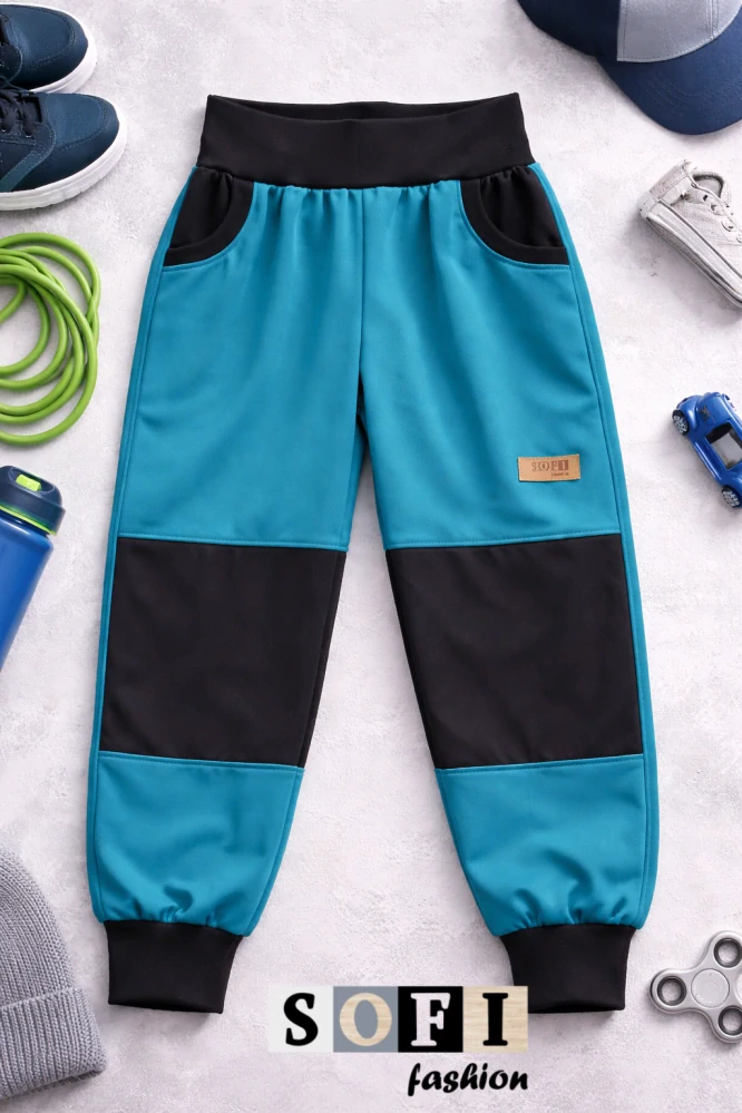 Letní dětské softshellové kalhoty - tyrkys/ černá kolena,kapsy