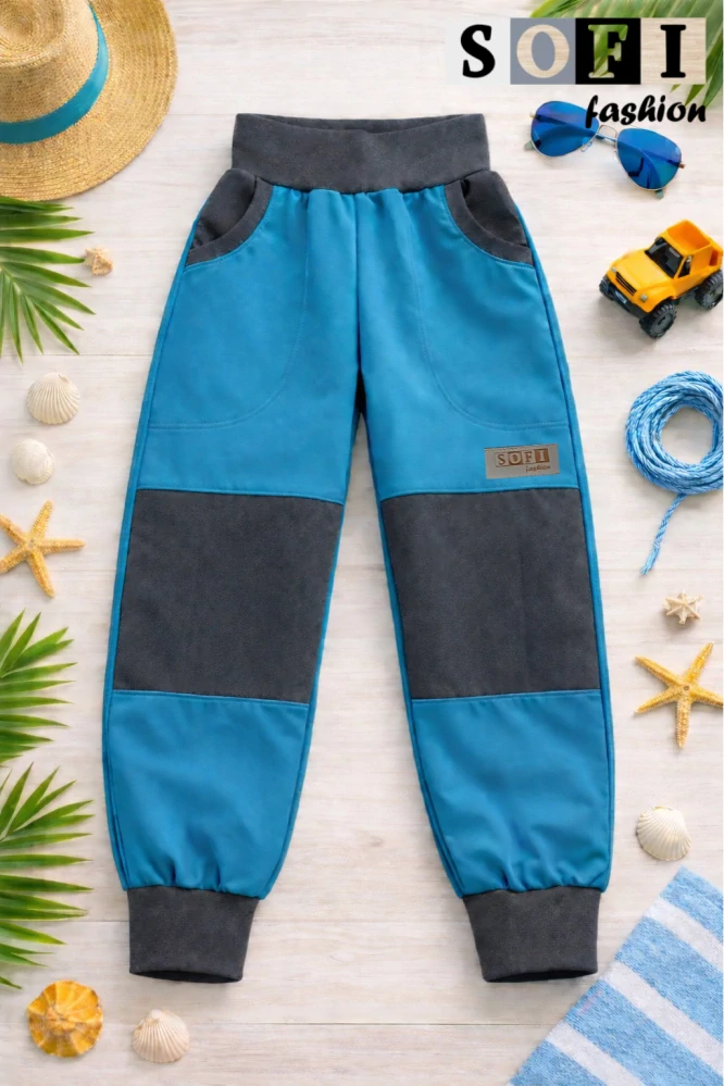 Letní dětské softshellové kalhoty - modré/šedá kolena,kapsy