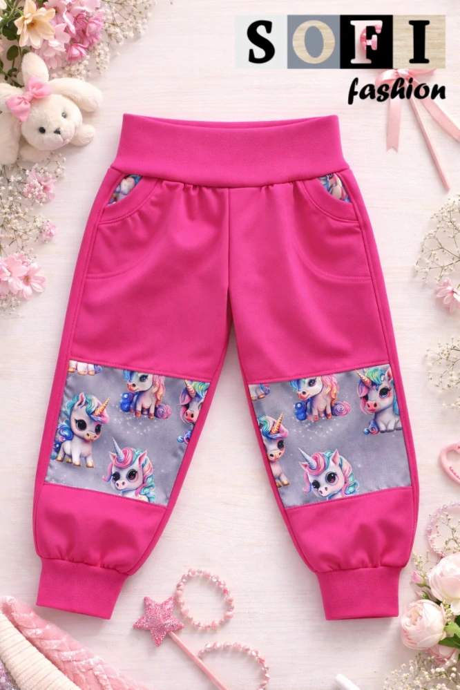 Letní dětské softshellové kalhoty - růžové/jednorožci na šedé