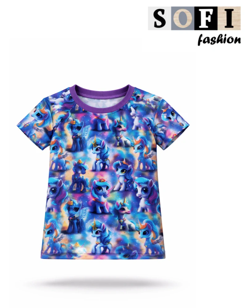 Tričko s kr. rukávem - jednorožci na fialové 