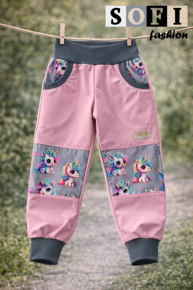 Letní dětské softshellové kalhoty - starorůžové/ jednorožci na šedé 