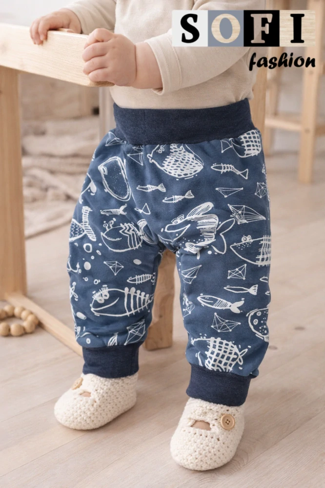 Dětské tepláčky s potiskem rybiček 🐟 | pohodlné bavlněné kalhoty pro děti 👶