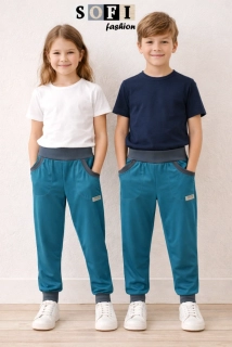 Letní dětské softshellové kalhoty - tyrkysové, doplněné šedým nápletem