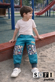 Letní dětské softshellové kalhoty - tyrkysové se silnicemi a auty, doplněné šedým nápletem