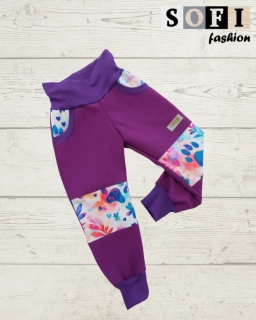 Zimní softshellové kalhoty - fialové s listy na světlém podkladu