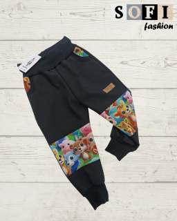 Zimní softshellové kalhoty - černé/zvířátka