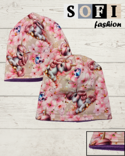 Čepice dvouvrstvá - jednorožec, květy - fialový fleece