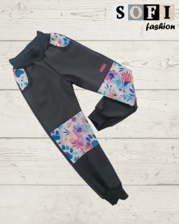 Zimni soft.kalhoty - černé/duhové květy, tlapky