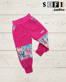 Zimni soft.kalhoty - růžové/jednorožci na duhovém podkladu