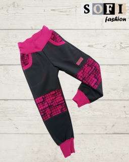 Zimni soft.kalhoty - tmavě  šedé, růžové kostičky lego