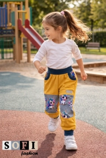 Letní dětské softshellové kalhoty - hořčicová/jednorožci na šedé