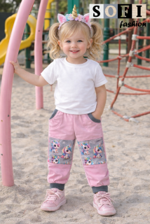 Letní dětské softshellové kalhoty - starorůžové/ jednorožci na šedé 