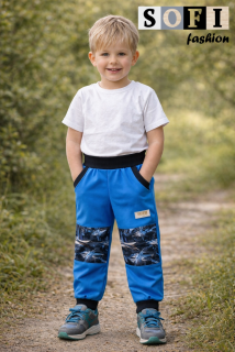 Letní dětské softshellové kalhoty - modré/ letadla, černé náplety