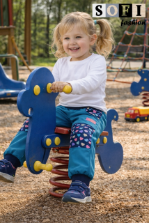 Letní dětské softshellové kalhoty - tyrkys/ duhová srdíčka