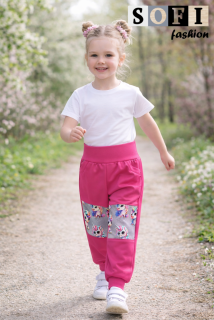 Letní dětské softshellové kalhoty - růžové/jednorožci na šedé