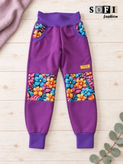 Dětské zimní softshellové kalhoty - fialové/pastelové květy